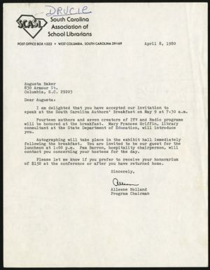 Letter, 1980, Alleene Holland to Augusta Baker