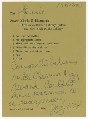 Memorandum, 1974, Edwin S. Holmgren to Augusta Baker