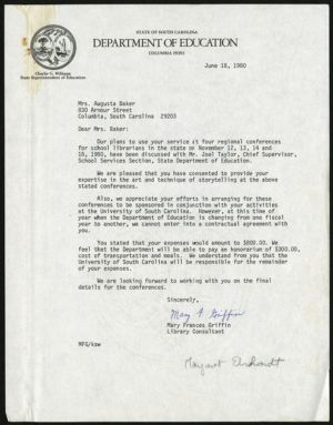 Letter, 1980, Mary Frances Griffin to Augusta Baker