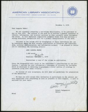 Letter, 1978, Robert Wedgeworth to Augusta Baker