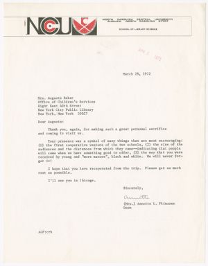 Letter, 1972, Annette L. Phinazee to Augusta Baker
