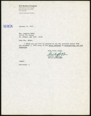 Letter, 1979, Shirley Soffer to Augusta Baker