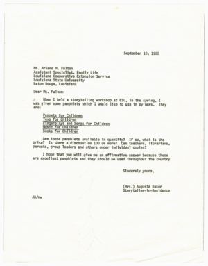 Letter, 1980, Augusta Baker to Arlene M. Fulton