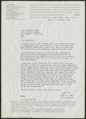 Letter, 1977, Leena Maissen to Augusta Baker
