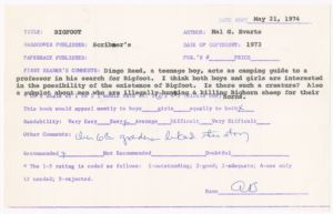 Book Review, 1974, Bigfoot by Hal G. Evarts