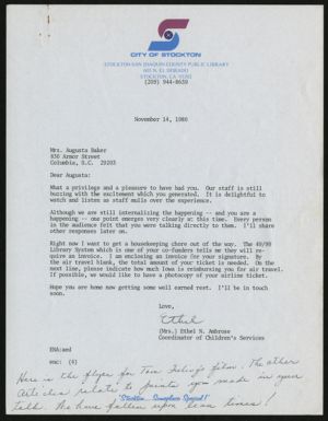 Letter, 1980, Ethel N. Ambrose to Augusta Baker