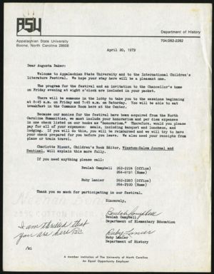 Letter, 1979, Beulah Campbell and Ruby Lanier to Augusta Baker