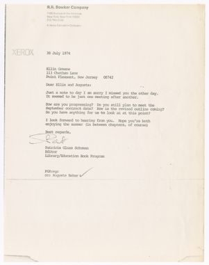 Letter, 1974, Patricia Glass Schuman to Augusta Baker and Ellin Greene
