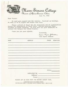 Donation Materials, 1984, Mann-Simons Cottage