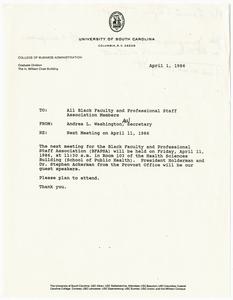 Memo, 1986, Andrea L. Washington to All Black Faculty and Professional Staff Association Members