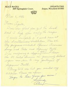 Letter, 1986, Alice McGill to Augusta Baker