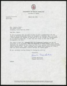 Letter, 1981, Loretto MacIntosh to Augusta Baker