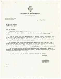 Letter, 1984, Augusta Baker to Harriet Holman