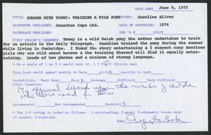 Book Review, 1975, Summer With Tommy: Training a Wild Pony by Caroline Silver