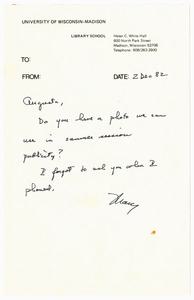 Note, 1982, Mary L. Woodworth to Augusta Baker