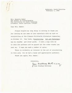 Letter, 1986, Jean Brabham McKinney to Augusta Baker
