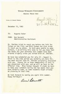 Letter, 1983, Ann Barnett to Augusta Baker