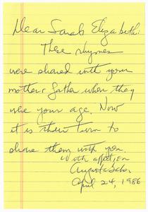 Letter, 1986, Augusta Baker to Sarah Elizabeth