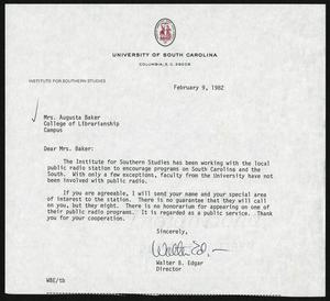 Letter, 1982, Walter B. Edgar to Augusta Baker