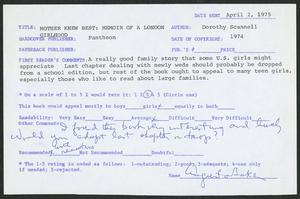 Book Review, 1975, Mother Knew Best: Memoir of a London Girlhood by Dorothy Scannell