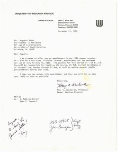 Letter, 1982, Mary L. Woodworth to Augusta Baker
