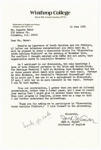 Letter, 1981, Jack W. Weaver to Augusta Baker