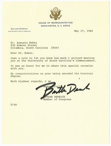 Letter, 1986, Butler Derrick to Augusta Baker