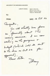 Letter, 1982, Mary L. Woodworth to Augusta Baker