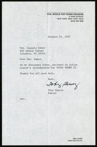 Letter, 1987, Toby Sherry to Augusta Baker