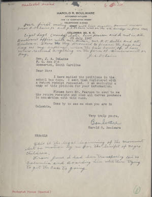 Letter, 1947 July 29, (Columbia, S.C.), Harold R. Boulware, to Joseph A. De Laine, Sr., (Summerton, S.C.)