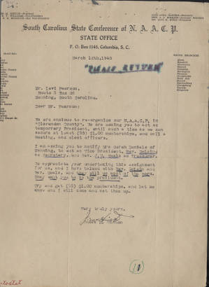 Letter, 1948 Mar. 12, (Columbia, S.C.), James M. Hinton, to Levi Pearson, (Manning, S.C.)