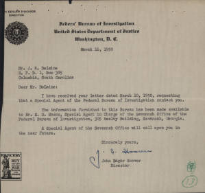 Letter, 1950 Mar. 16, (Washington, D.C.), John Edgar Hoover, to Joseph A. De Laine, Sr., (Columbia, S.C.)