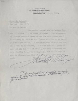 Letter, 1953 Oct. 28, (New York, N.Y.), J. Waties Waring, to J.D. Belton, Sr., (New York, N.Y.)