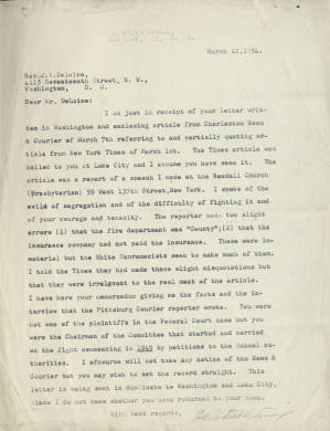 Letter, 1954 Mar. 12, (New York, N.Y.), J. Waties Waring, to Joseph A. De Laine, Sr., (Washington, D.C.)