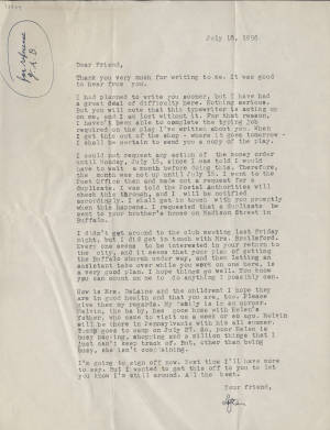 Letter, 1956 July 18, [Queens, N.Y.], Loften Mitchell, to [Joseph A. De Laine, Sr.]