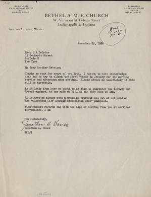 Letter, 1956 Nov. 29, (Indianapolis, I.N.), Jonathan A. Dames, to Joseph A. De Laine, Sr., (Buffalo, N.Y.)