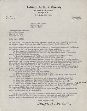 Letter, 1962 July 20, (Brooklyn, N.Y.), Joseph A. De Laine, Sr., to Correspondence Bureau, New York City Police Department, (New York, N.Y.)