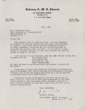 Letter, 1964 May 1, (Brooklyn, N.Y.), Joseph A. De Laine, Sr., to I. DeQuincey Newman, (Columbia, S.C.)