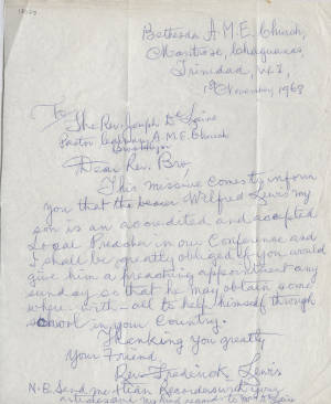 Letter, 1968 Nov. 18, (Trinidad), Frederick Lewis, to Joseph A. De Laine, Sr., (Brooklyn, N.Y.)