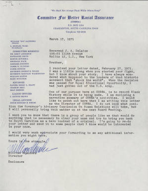 Letter, 1971 Mar. 17, (Charleston, S.C.), William Saunders, to Joseph A. De Laine, Sr., (Hollis, Long Island, N.Y.)