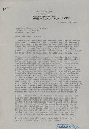 Letter, 1971 Oct. 15, (Ridgefield, C.T.), Richard Kluger, to Joseph A. De Laine, Sr., (Queens, N.Y.)
