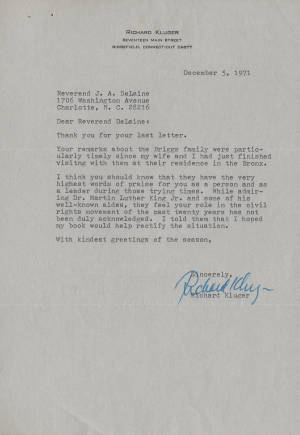 Letter, 1971 Dec. 5, (Ridgefield, C.T.), Richard Kluger, to Joseph A. De Laine, Sr., (Charlotte, N.C.)