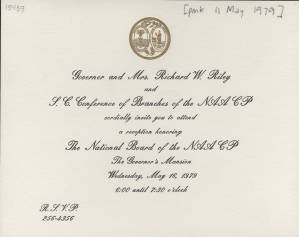 Invitation, 1979 May 11, (Columbia, S.C.), Governor and Mrs. Richard W. Riley and S.C. Conference of Branches of NAACP, to Mrs. [Mattie] De Laine, (Charlotte, N.C.)