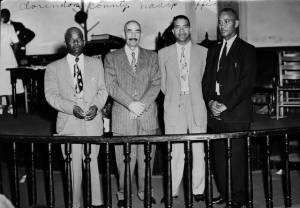Photograph, [1951], (Clarendon County, S.C.), of J.W. Seals, J.S. (Flutie) Boyd, E.E. Richburg, and Joseph A. De Laine, Sr.