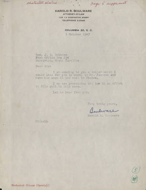 Letter, 1947 Oct. 1, (Columbia, S.C.), Harold R. Boulware, to Joseph A. DeLaine, Sr., (Summerton, S.C.)