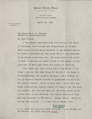 Letter, 1948 Mar. 18, (North Little Rock, A.R), [Singleton], Jackson Divinity School, to Joseph A. DeLaine, Sr., (Summerton, S.C.)