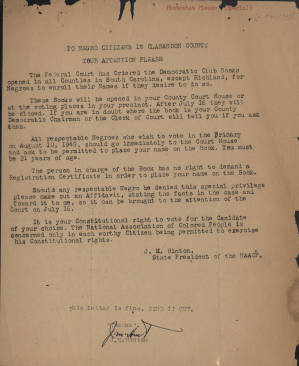 Letter, 1948 Mar., J.M. Hinton [Columbia, S.C.], Open letter to Negro Citizens in Clarendon County (S.C.)