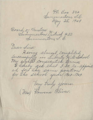Letter, 1948 May 25, (Summerton, S.C.), Rowena Oliver, to Board of Trustees, Summerton District 22, (Summerton, S.C.)