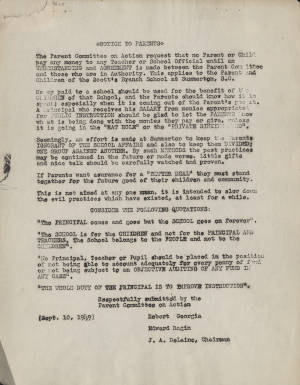 Letter, 1949 Sept.10, (Summerton, S.C.), [Parents'] Committee on Action, to parents of children of Scott's Branch School, (Summerton, S.C.)