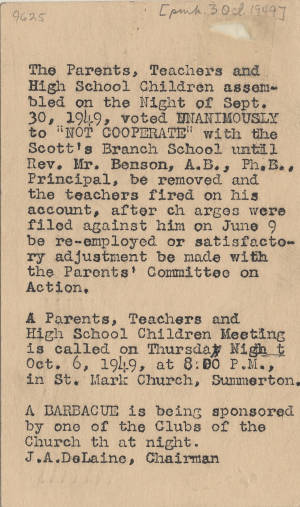 Postcard, 1949 Oct. 3, (Summerton, S.C.), [Parents' Committee on Action], to Perdey Washington, (Summerton, S.C.)